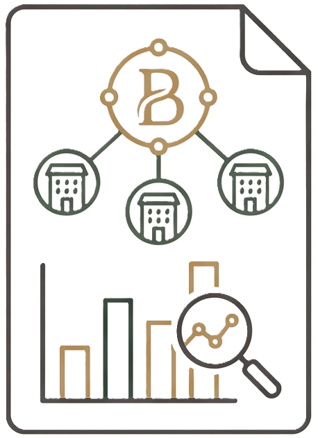 Brand performance icon showing connected hotels and performance analysis