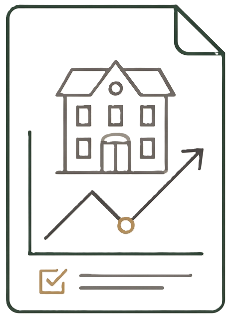 Property performance icon showing a hotel and an upward-trending quality chart